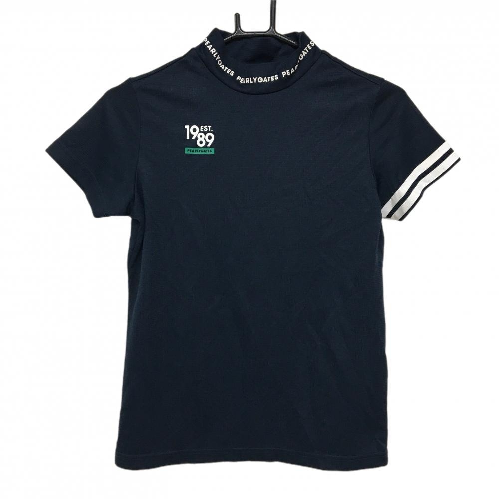 【美品】パーリーゲイツ 半袖ハイネックシャツ ネイビー ロゴ白 レディース 1(M) ゴルフウェア PEARLY GATES