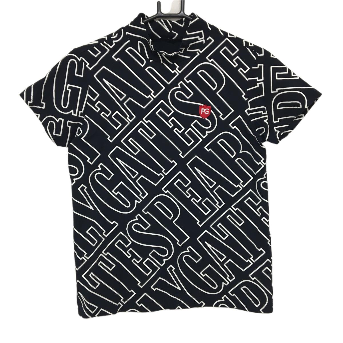 【超美品】パーリーゲイツ 半袖ハイネックシャツ 黒×白 英字総柄 レディース 1(M) ゴルフウェア PEARLY GATES