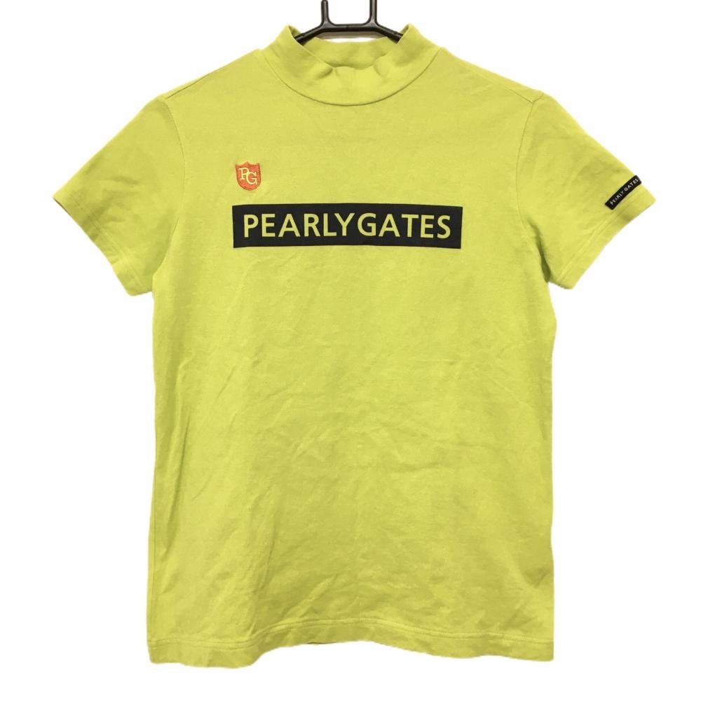 【美品】パーリーゲイツ 半袖ハイネックシャツ ライトグリーン×ネイビー フロントロゴ  レディース 2(L) ゴルフウェア PEARLY GATES