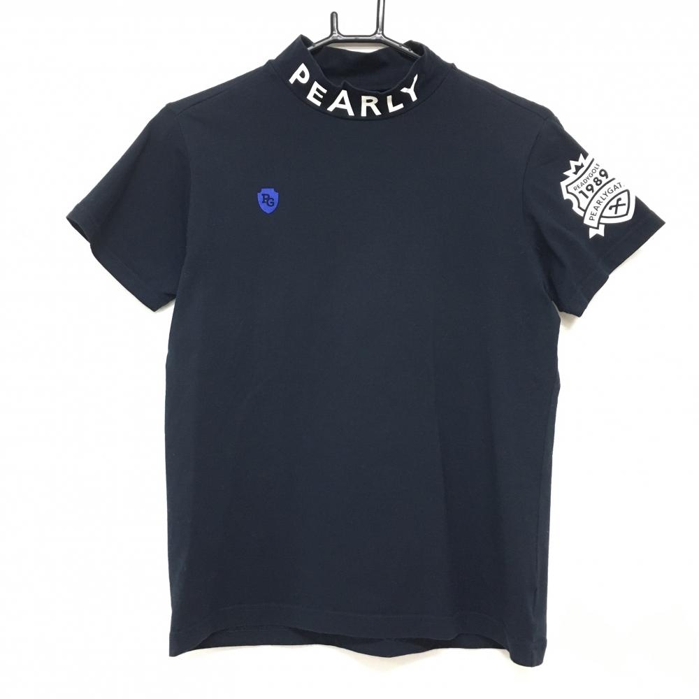 【美品】パーリーゲイツ 半袖ハイネックシャツ ネイビー×白 ネックロゴ  レディース 2(L) ゴルフウェア PEARLY GATES