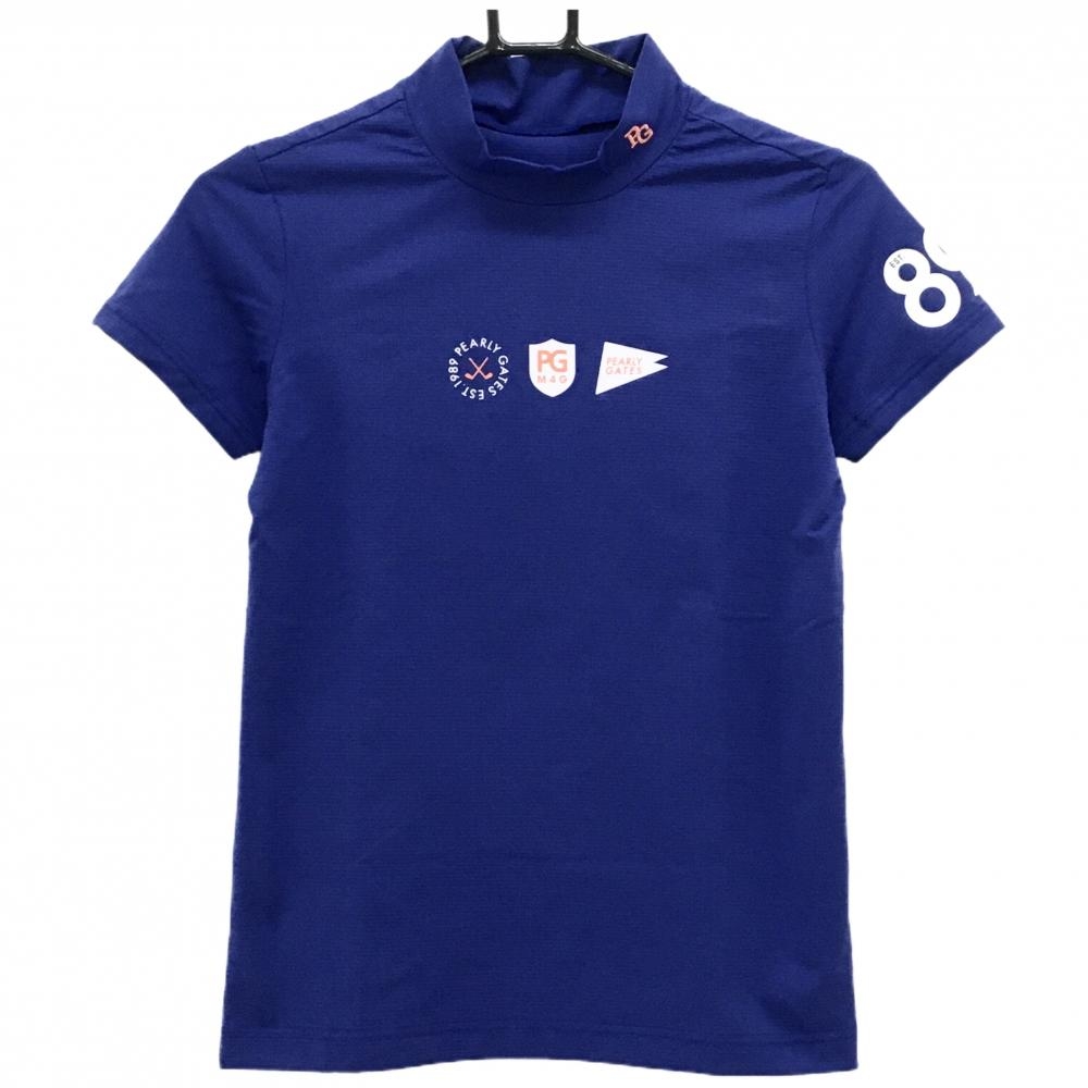 パーリーゲイツ 半袖ハイネックシャツ ブルー 地模様 フロントロゴ レディース 0(S) ゴルフウェア PEARLY GATES