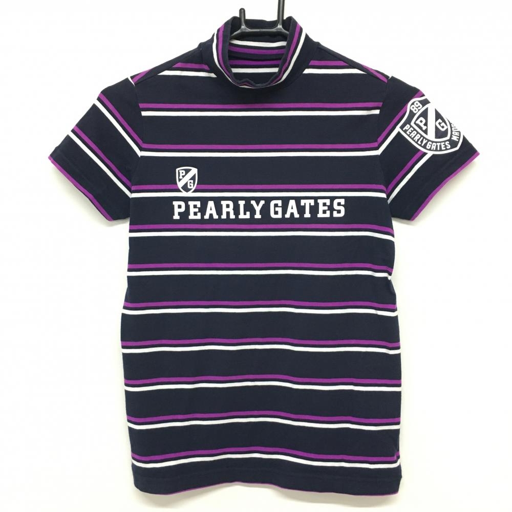 【美品】パーリーゲイツ 半袖ハイネックシャツ ダークネイビー×パープル×白 フロントロゴ レディース 0(S) ゴルフウェア PEARLY GATES
