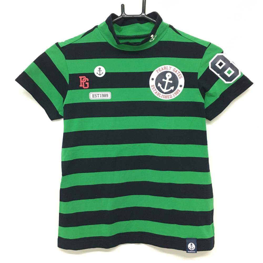 【美品】パーリーゲイツ 半袖ハイネックシャツ グリーン×ダークネイビー イカリプリント レディース 0(S) ゴルフウェア PEARLY GATES