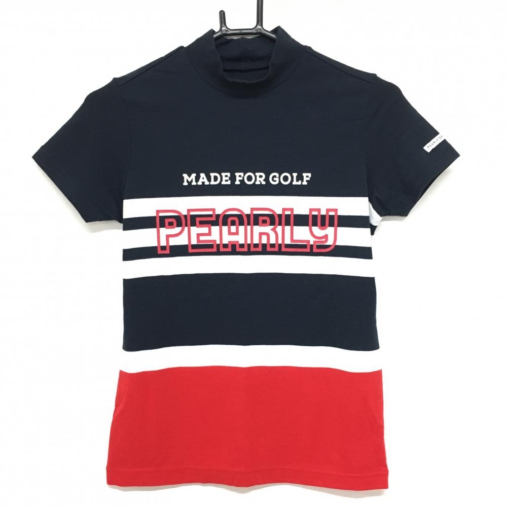 【超美品】パーリーゲイツ 半袖ハイネックシャツ ネイビー×レッド フロントロゴ レディース 0(S) ゴルフウェア PEARLY GATES
