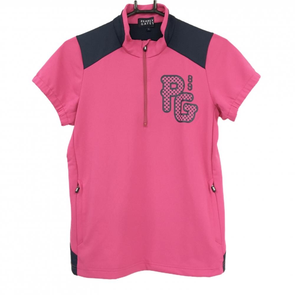 【超美品】パーリーゲイツ 半袖ハイネックシャツ ピンク×ネイビー ハーフジップ  レディース 1(M) ゴルフウェア PEARLY GATES