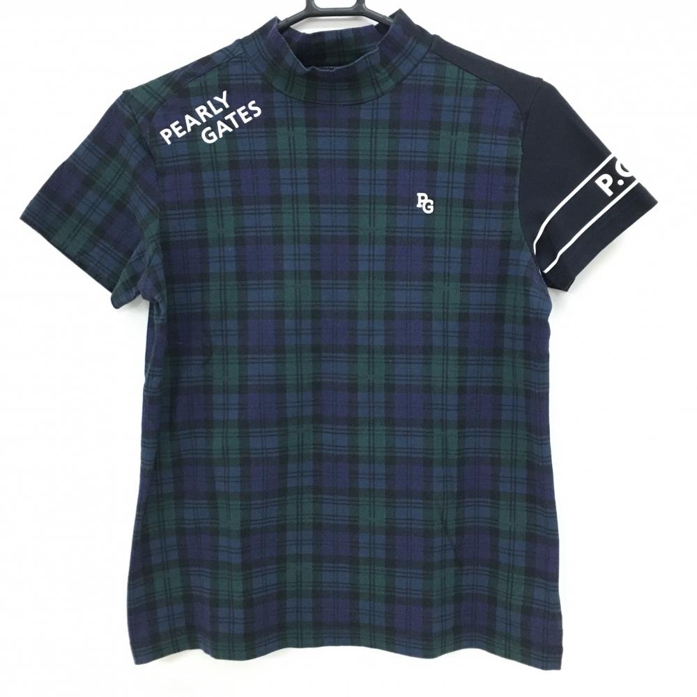 【美品】パーリーゲイツ 半袖ハイネックシャツ グリーン×パープル チェック レディース 1(M) ゴルフウェア PEARLY GATES