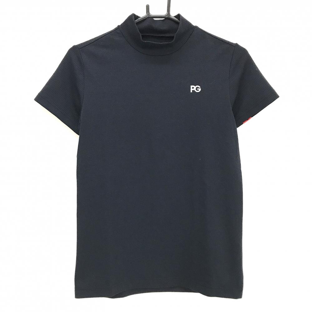 【超美品】パーリーゲイツ 半袖ハイネックシャツ ネイビー×レッド 背面ロゴライン レディース 1(M) ゴルフウェア PEARLY GATES