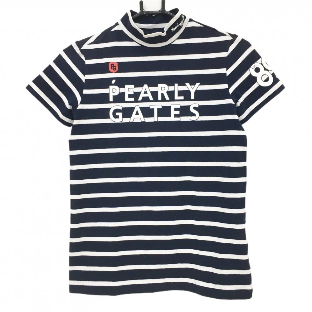 【美品】パーリーゲイツ 半袖ハイネックシャツ ダークネイビー×白 ボーダー フロントロゴ レディース 1(M) ゴルフウェア PEARLY GATES