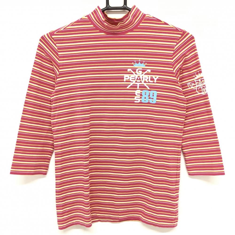【超美品】パーリーゲイツ 長袖ハイネックシャツ ピンク×イエロー ボーダー 七分袖  レディース 0(S) ゴルフウェア PEARLY GATES 画像