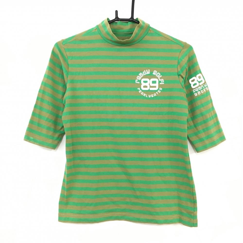 【美品】PEARLY GATES パーリーゲイツ 七分丈ハイネックシャツ カーキ×グリーン ボーダー柄 総柄 レディース 1(M) ゴルフウェア