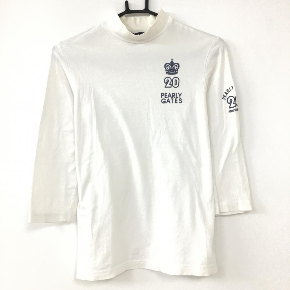 PEARLY GATES パーリーゲイツ 長袖ハイネックシャツ 白×ネイビー 20周年 半端袖 襟、袖汚れ レディース 2(M) ゴルフウェア