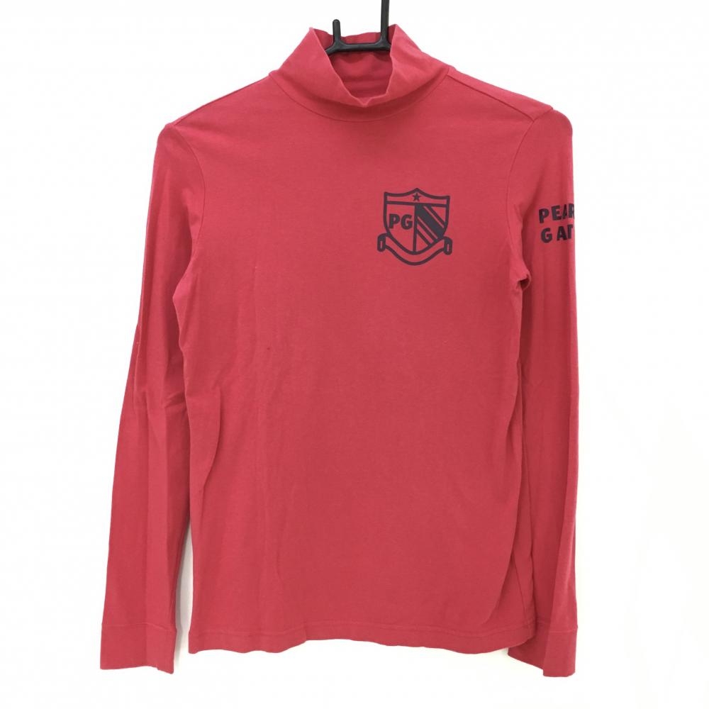 【美品】パーリーゲイツ 長袖ハイネックシャツ レッドピンク 袖ロゴ 日本製 レディース 0(S) ゴルフウェア PEARLY GATES