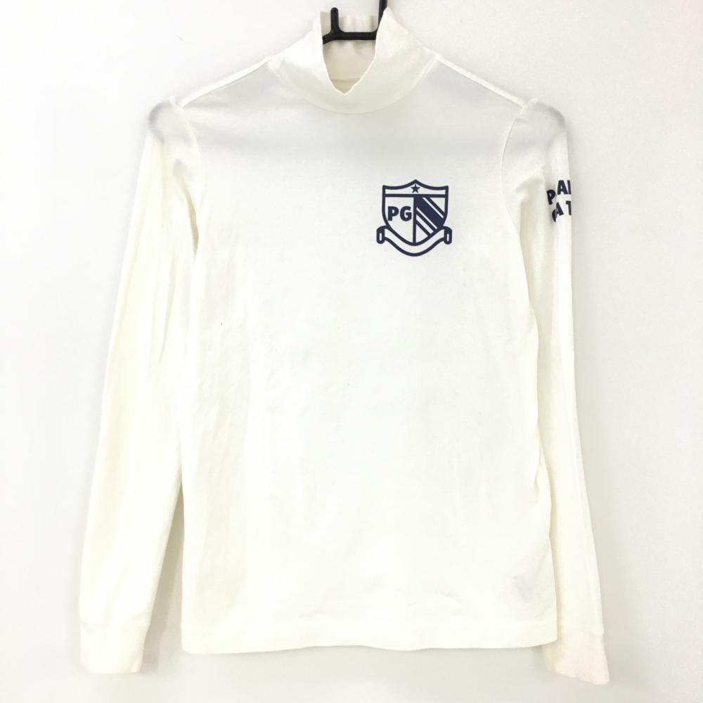 パーリーゲイツ 長袖ハイネックシャツ 白×ネイビー 袖ロゴ 日本製 ネック、袖口、裾汚れ レディース 0(S) ゴルフウェア PEARLY GATES