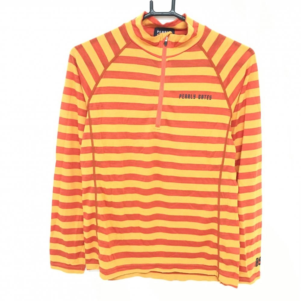 パーリーゲイツ 長袖ハイネックシャツ オレンジ×オレンジイエロー ボーダー ハーフジップ レディース 1(Ｍ) ゴルフウェア PEARLY GATES