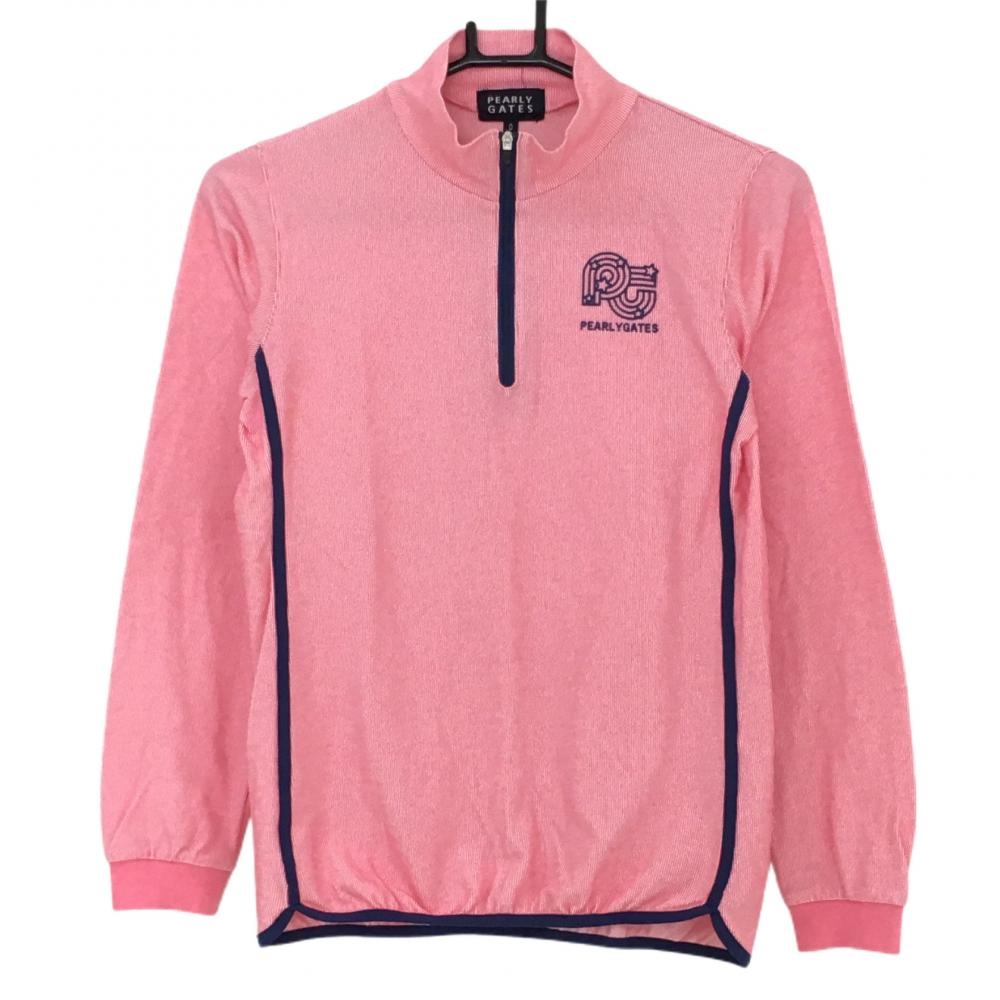 パーリーゲイツ 長袖ハイネックシャツ ピンク×白 織生地 ハーフジップ  レディース 0(S) ゴルフウェア PEARLY GATES
