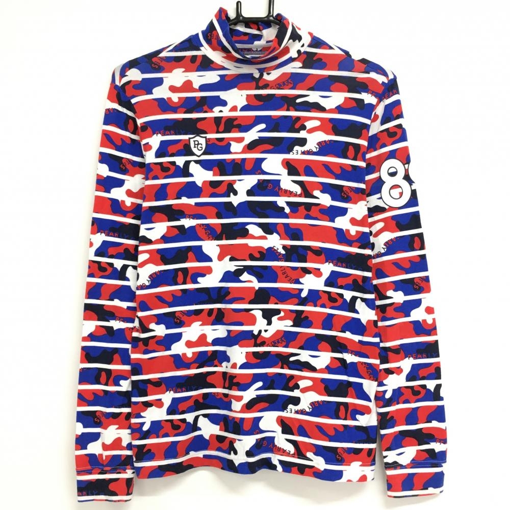 【美品】パーリーゲイツ 長袖ハイネックシャツ ブルー×レッド×白 迷彩 ボーダー カモフラ  レディース 1(M) ゴルフウェア PEARLY GATES