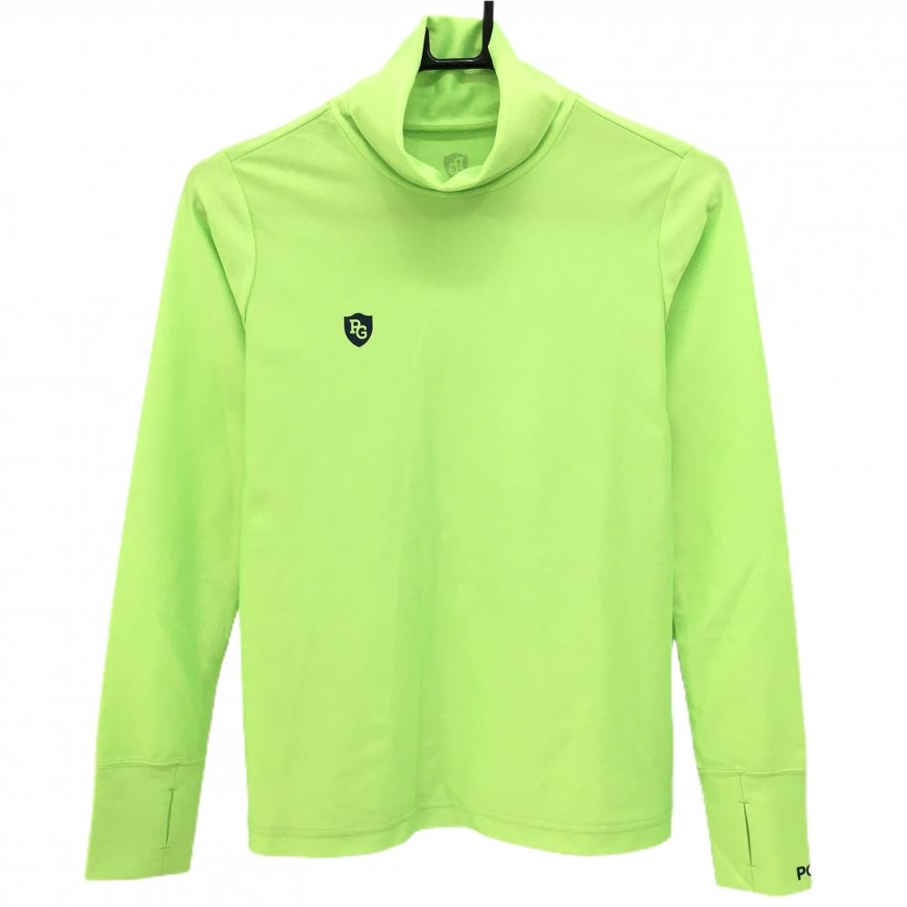 【美品】パーリーゲイツ 長袖ハイネックシャツ 蛍光グリーン ロゴネイビー レディース 0(S) ゴルフウェア PEARLY GATES