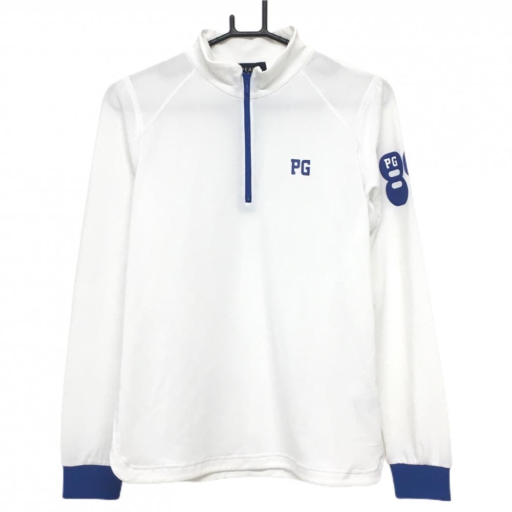 パーリーゲイツ 長袖ハイネックシャツ 白×ブルー ハーフジップ  レディース 2(L) ゴルフウェア PEARLY GATES