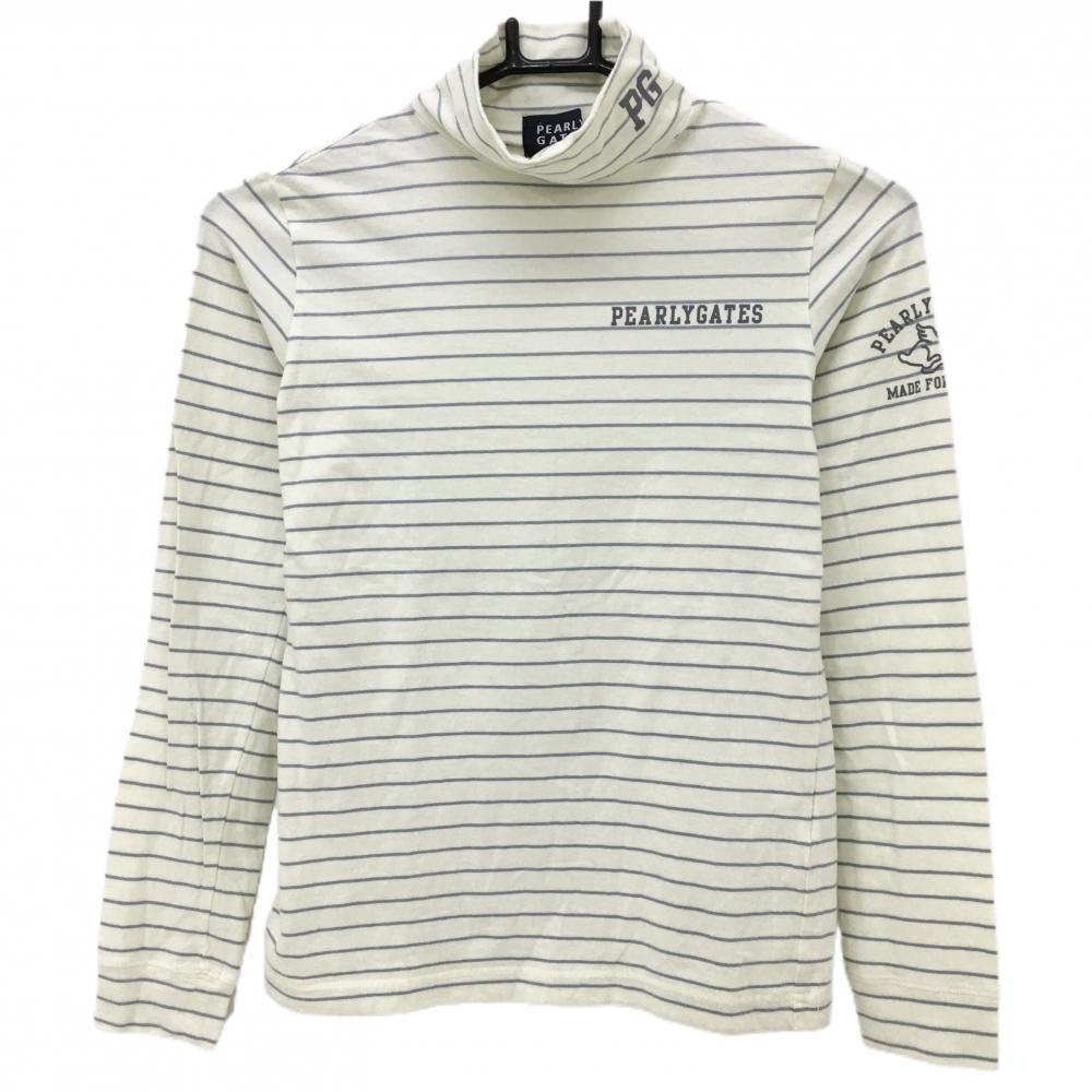 【美品】パーリーゲイツ 長袖ハイネックシャツ アイボリー×グレー ボーダー  レディース 0(S) ゴルフウェア PEARLY GATES