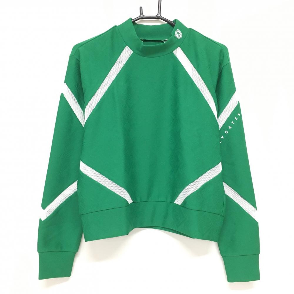 【新品】パーリーゲイツ 長袖ハイネックシャツ グリーン×白 織生地一部メッシュ レディース 1(M) ゴルフウェア 2023年モデル PEARLY GATES