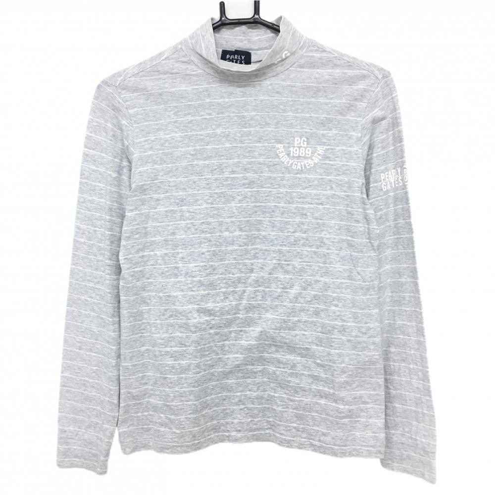 【美品】パーリーゲイツ 長袖ハイネックシャツ 杢ライトグレー×白 ボーダー ロゴプリント レディース 1(M) ゴルフウェア PEARLY GATES