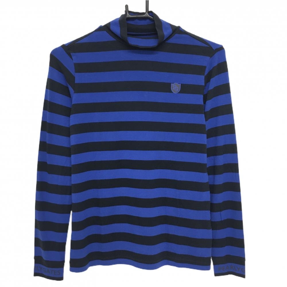 【美品】パーリーゲイツ 長袖ハイネックシャツ 黒×ブルー ストライプ 襟袖ロゴ ストレッチ レディース 0(S) ゴルフウェア PEARLY GATES
