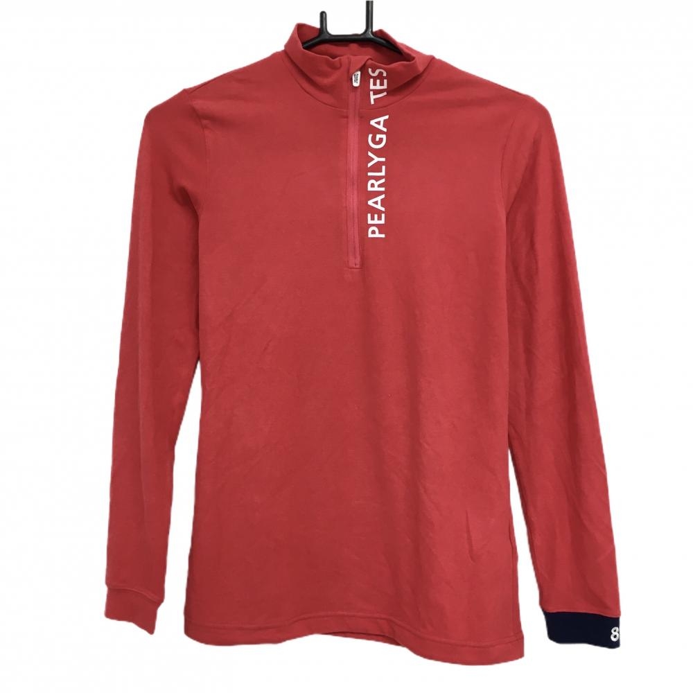 【超美品】パーリーゲイツ 長袖ハイネックシャツ レッド 表微起毛 ハーフジップ ロゴプリント レディース 0(S) ゴルフウェア PEARLY GATES