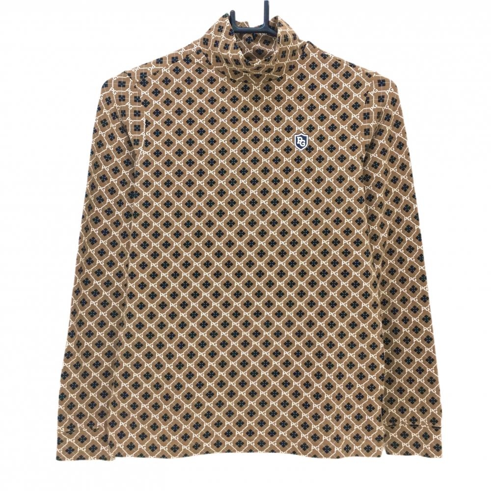 【超美品】パーリーゲイツ 長袖ハイネックシャツ ブラウン×白×黒 総柄 ロゴ レディース 0(S) ゴルフウェア PEARLY GATES