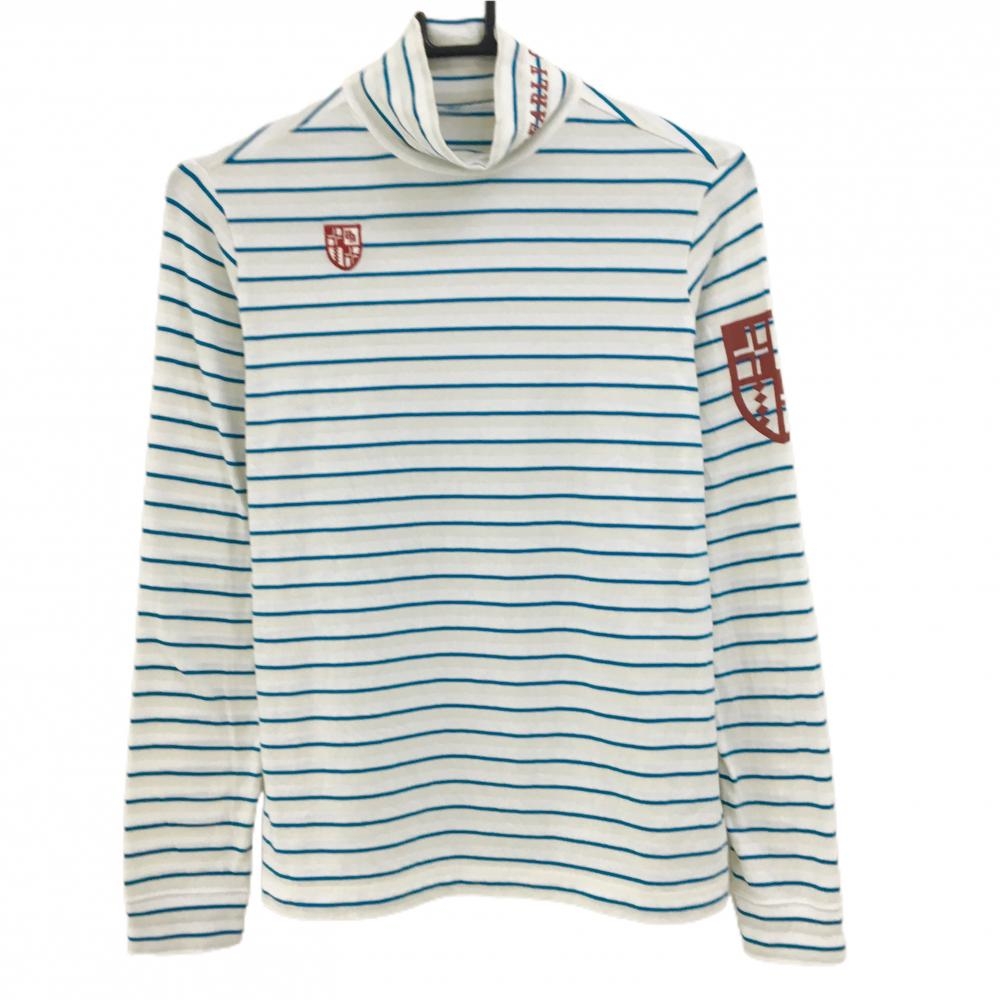【超美品】パーリーゲイツ 長袖ハイネックシャツ 白×ブルー系×ベージュ ボーダー  レディース 1(M) ゴルフウェア PEARLY GATES