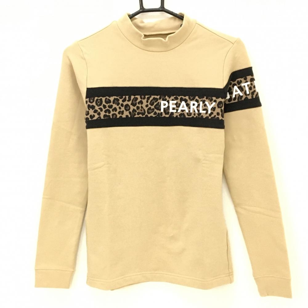 【新品】パーリーゲイツ 長袖ハイネックシャツ ベージュ×黒 一部レオパード柄 ロゴ白 レディース 0(S) ゴルフウェア PEARLY GATES