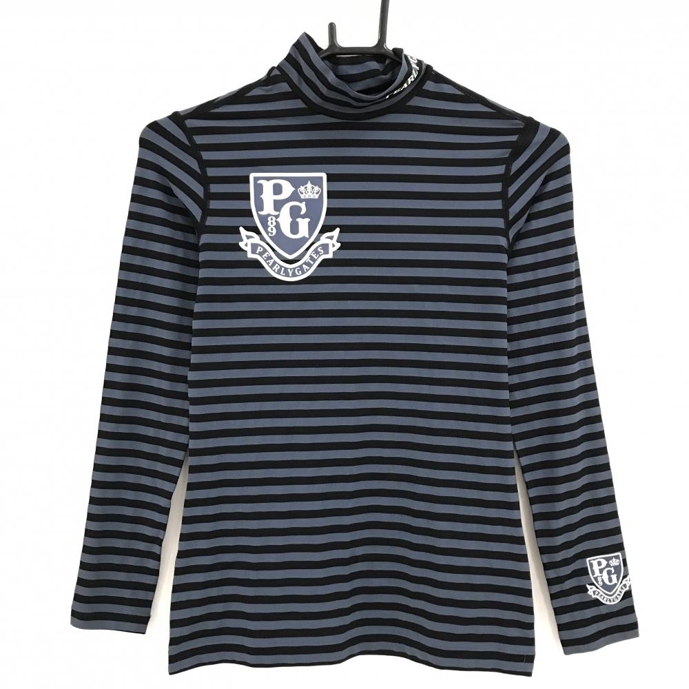 【美品】パーリーゲイツ 長袖ハイネックシャツ ネイビー×ダークネイビー ボーダー ストレッチ レディース 0(S) ゴルフウェア PEARLY GATES