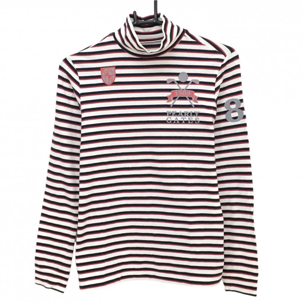 パーリーゲイツ 長袖ハイネックシャツ 白×黒×レッド ボーダー  レディース 1(M) ゴルフウェア PEARLY GATES