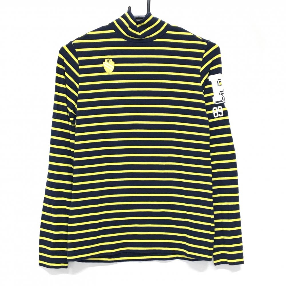 【美品】パーリーゲイツ 長袖ハイネックシャツ ダークネイビー×イエロー ボーダー レーヨン混 レディース 1(M) ゴルフウェア PEARLY GATES