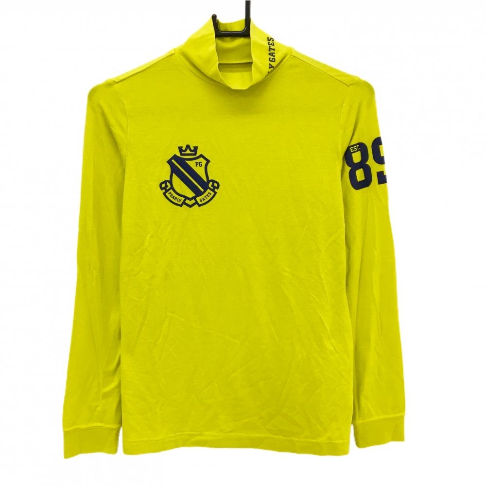 【美品】パーリーゲイツ 長袖ハイネックシャツ ライムイエロー×ネイビー ロゴプリント レディース 1(M) ゴルフウェア PEARLY GATES