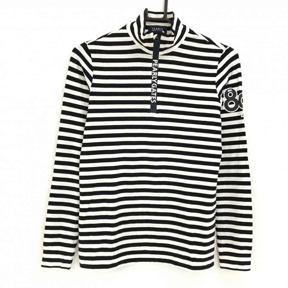 【超美品】パーリーゲイツ 長袖ハイネックシャツ 白×黒 ボーダー 表微起毛 ハーフジップ レディース 0(S) ゴルフウェア PEARLY GATES