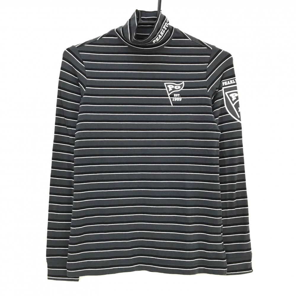 【美品】パーリーゲイツ 長袖ハイネックシャツ グレー×白 ボーダー 微起毛素材 ストレッチ レディース 0(S) ゴルフウェア PEARLY GATES