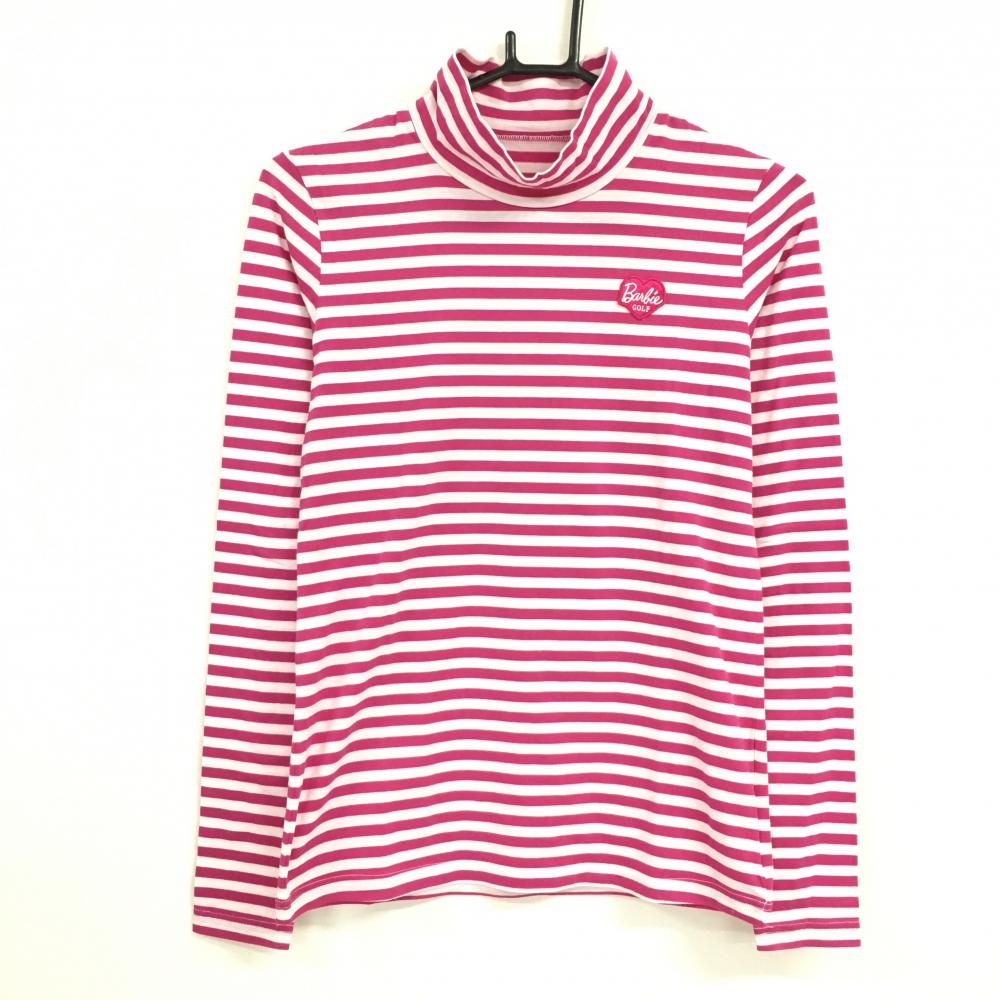 【美品】バービーゴルフバイパーリーゲイツ 長袖ハイネックシャツ 白×ピンク ボーダー  レディース 2(L) ゴルフウェア PEARLY GATES