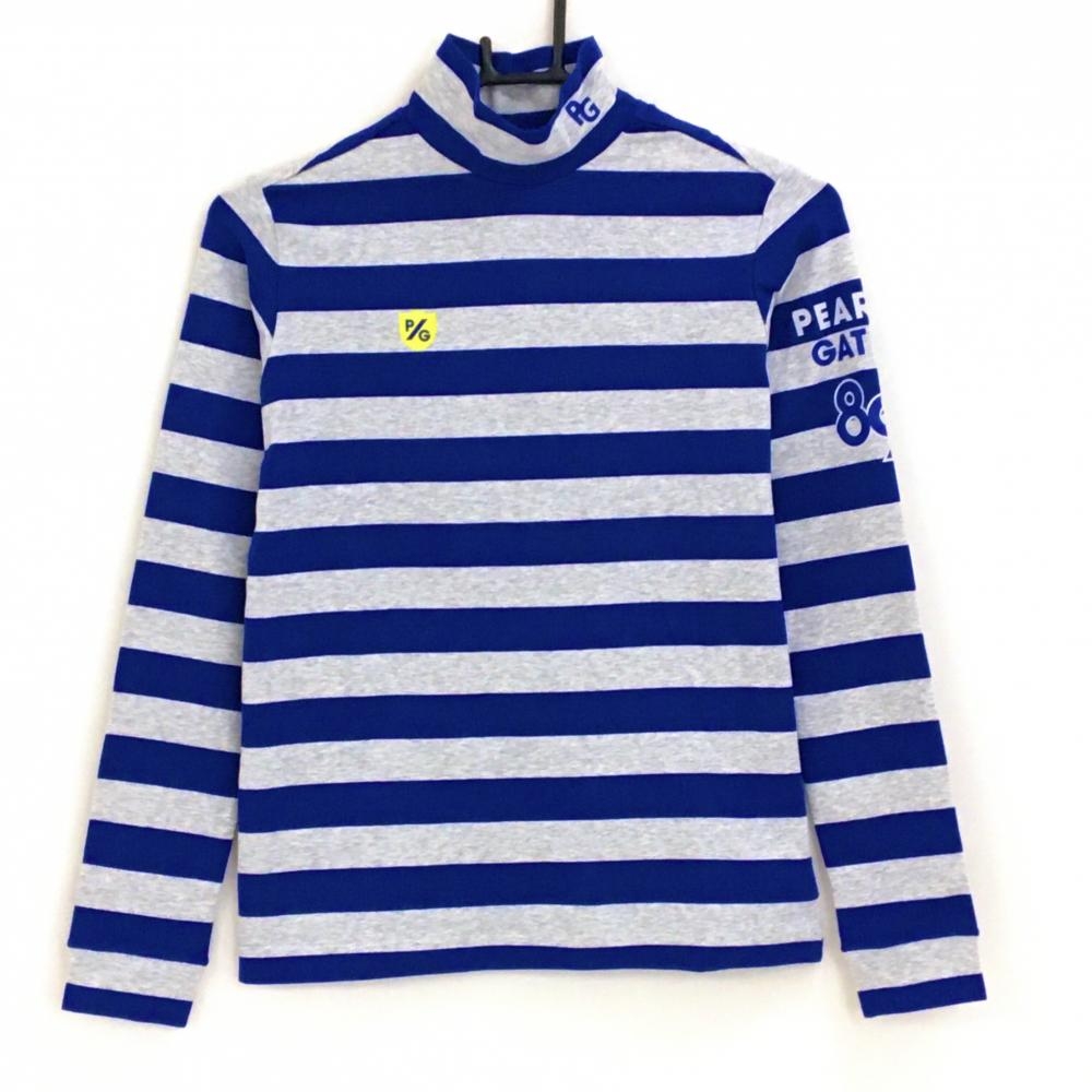【新品】パーリーゲイツ 長袖ハイネックシャツ ブルー×杢ネイビー ボーダー ロゴプリント レディース 00(XS) ゴルフウェア PEARLY GATES