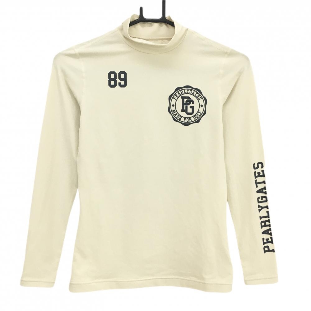 【美品】パーリーゲイツ 長袖ハイネックシャツ アイボリー×ネイビー ロゴ インナー レディース 0(S) ゴルフウェア PEARLY GATES