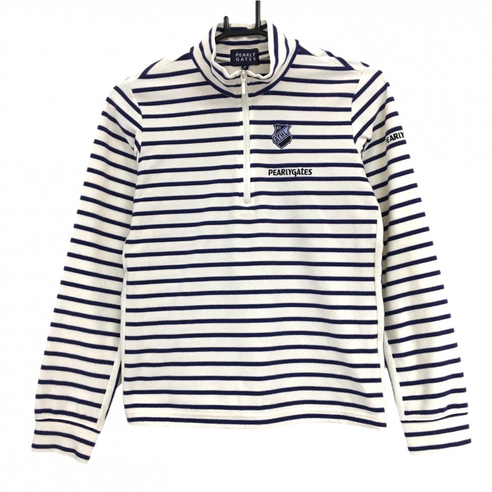 【美品】パーリーゲイツ 長袖ハイネックシャツ 白×ネイビー ボーダー ハーフジップ 起毛素材 レディース 1(M) ゴルフウェア PEARLY GATES