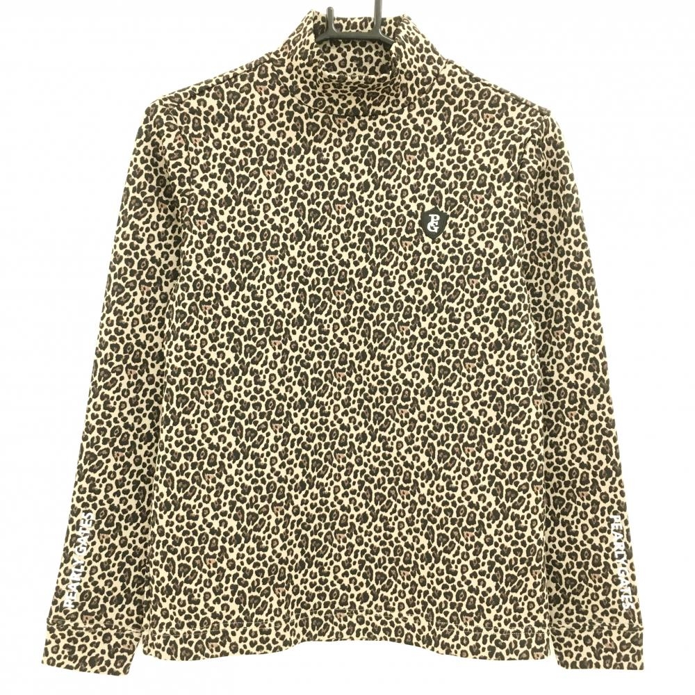 【超美品】パーリーゲイツ 長袖ハイネックシャツ ベージュ×ダークブラウン レオパード柄 ロゴ レディース 1(M) ゴルフウェア PEARLY GATES
