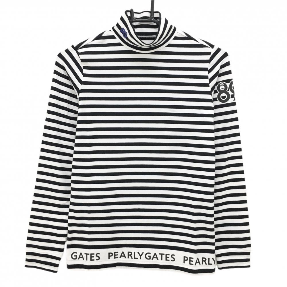 【超美品】パーリーゲイツ 長袖ハイネックシャツ 黒×白 ボーダー 裾ロゴ ストレッチ  レディース 0(S) ゴルフウェア PEARLY GATES