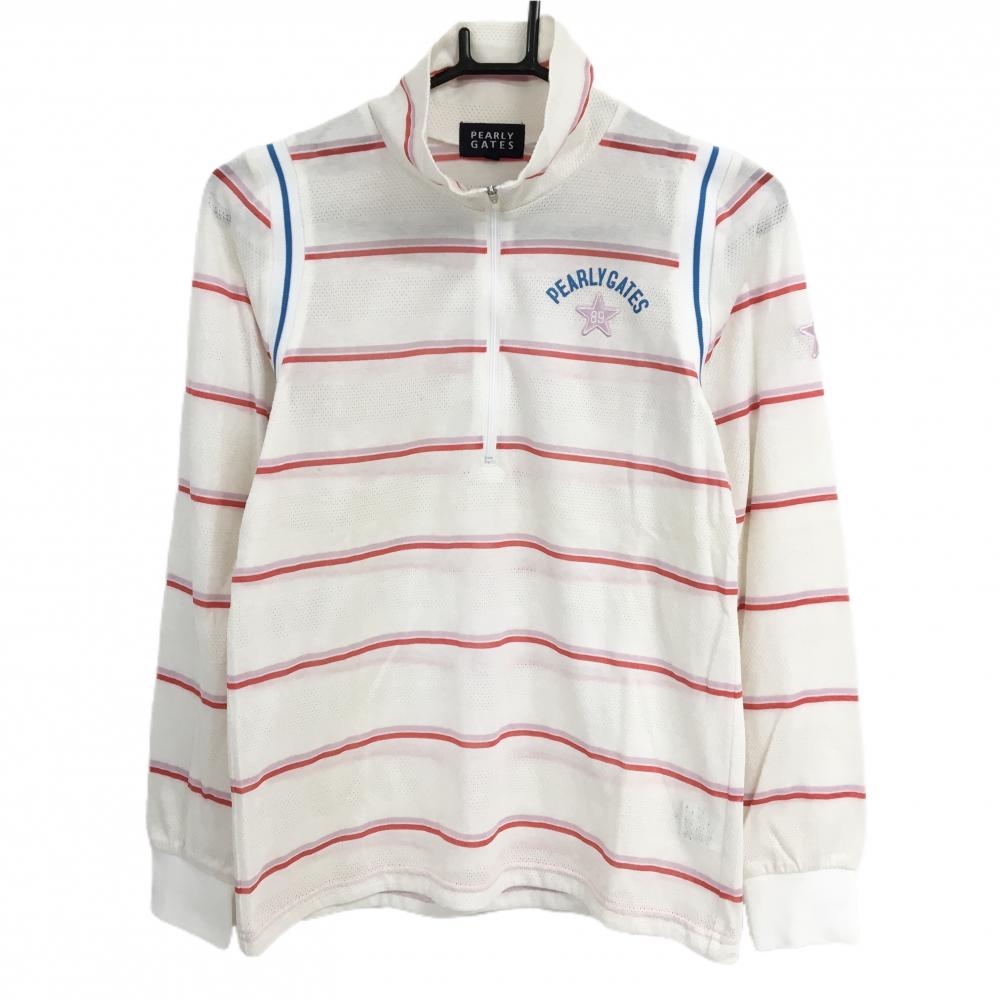 パーリーゲイツ 長袖ハイネックシャツ 白×ピンク ボーダー 一部メッシュ調 ハーフジップ レディース 1(M) ゴルフウェア PEARLY GATES