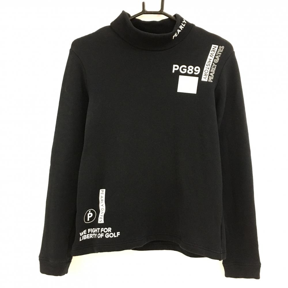 パーリーゲイツ 長袖ハイネックシャツ 黒×白 ネックロゴ 裏毛 レディース 2(L) ゴルフウェア PEARLY GATES