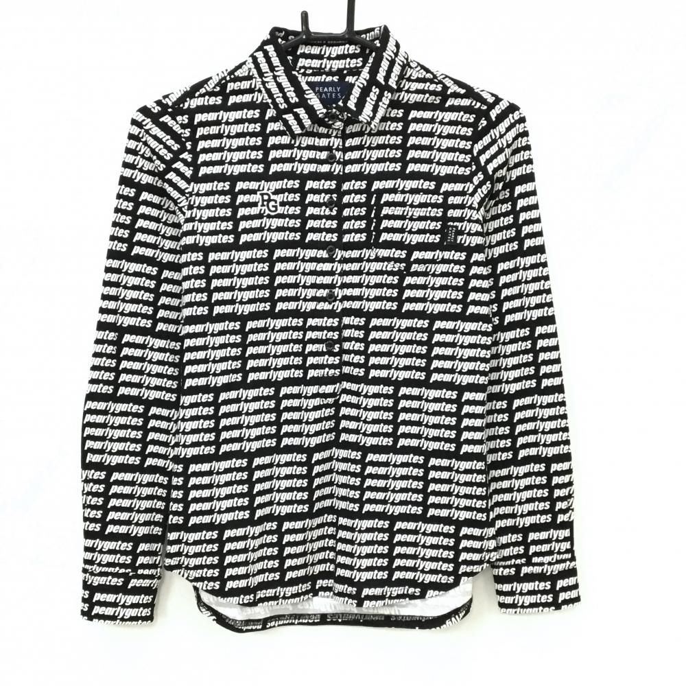 【超美品】パーリーゲイツ 長袖ハイネックシャツ 黒×白 ロゴ総柄  レディース 0(S) ゴルフウェア PEARLY GATES