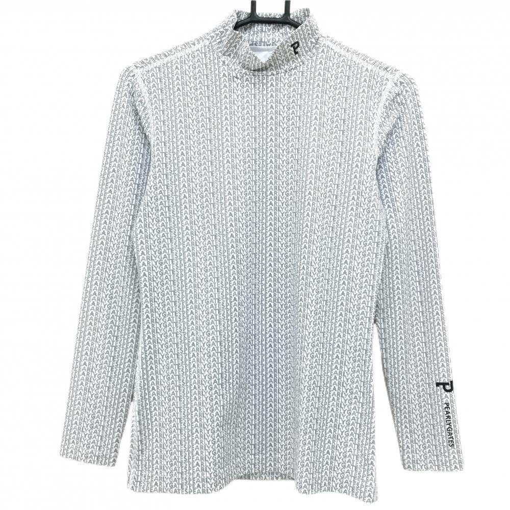 【超美品】パーリーゲイツ 長袖ハイネックシャツ 白×黒 ロゴ総柄 レディース 1(M) ゴルフウェア PEARLY GATES