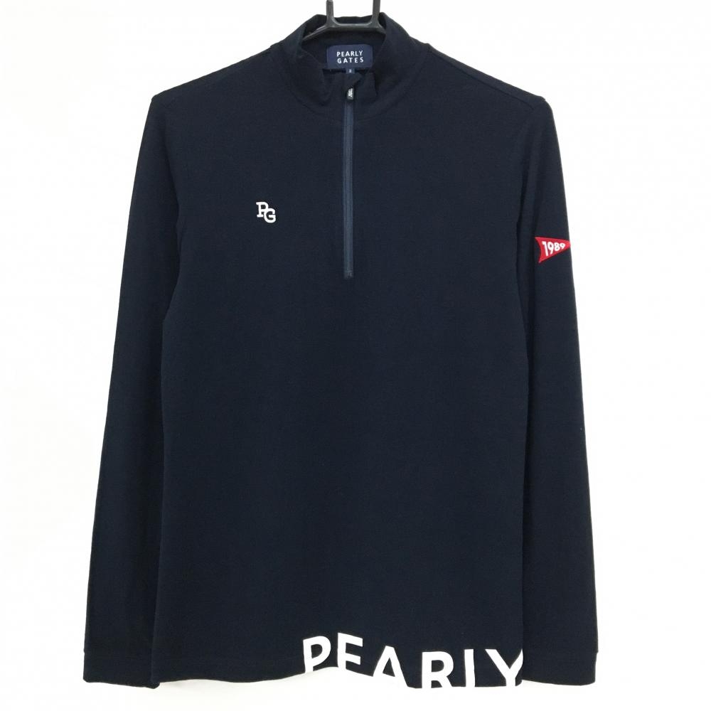 【超美品】パーリーゲイツ 長袖ハイネックシャツ ネイビー×白 ハーフジップ 微起毛 レディース 2(L) ゴルフウェア PEARLY GATES
