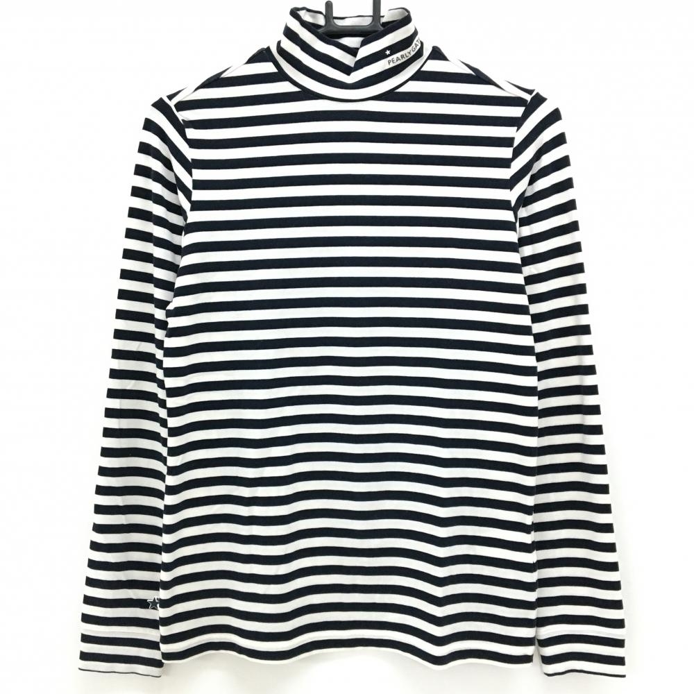 【美品】パーリーゲイツ 長袖ハイネックシャツ 白×ネイビー ボーダー 微起毛  レディース 1(M) ゴルフウェア PEARLY GATES
