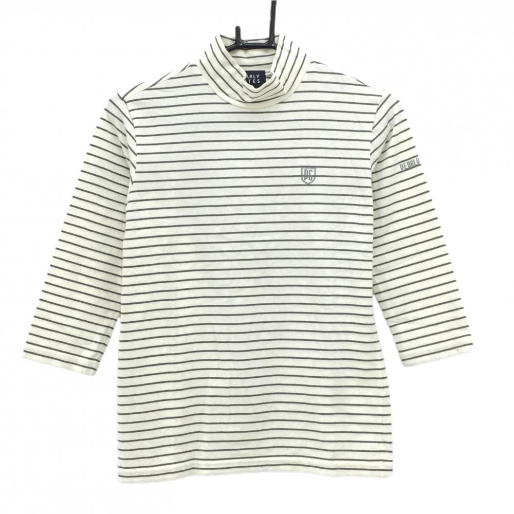 【美品】パーリーゲイツ 七分袖ハイネックシャツ アイボリー×グレー ボーダー レディース 1(M) ゴルフウェア PEARLY GATES