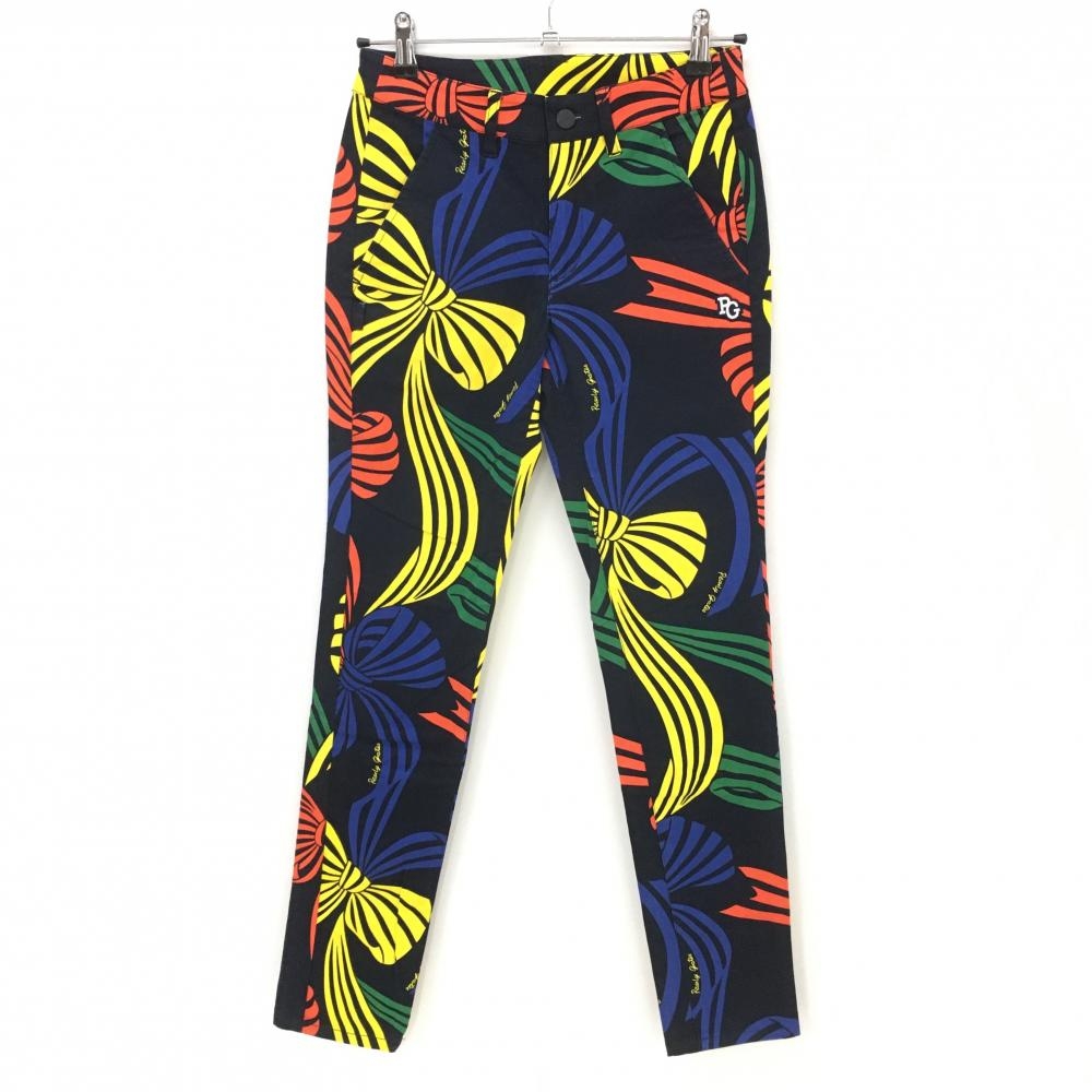 【美品】パーリーゲイツ パンツ 黒×イエロー×レッド リボン柄  レディース 00(XS) ゴルフウェア PEARLY GATES